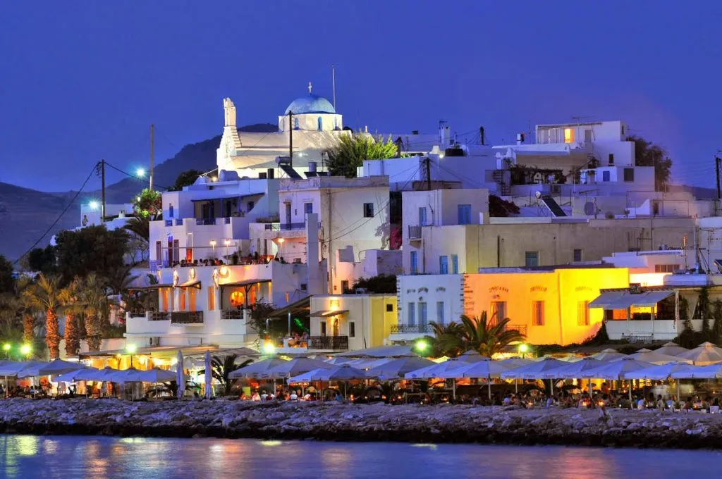 View of Parikia, the capital of Paros Island, showing the typical Cycladic architecture with white houses and blue windows